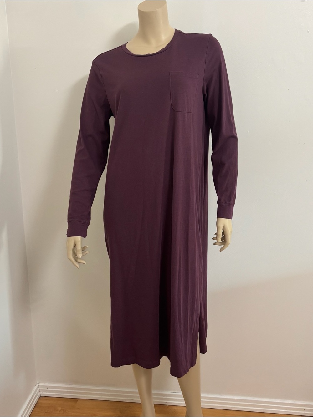 Long-Sleeve Chest-Pocket Midi Dress in Plum